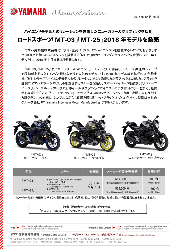 ロードスポーツ「MT-03」「MT-25」2018年モデルを発売　ハイエンドモデルとのリレーションを強調したニューカラー&グラフィックを採用
