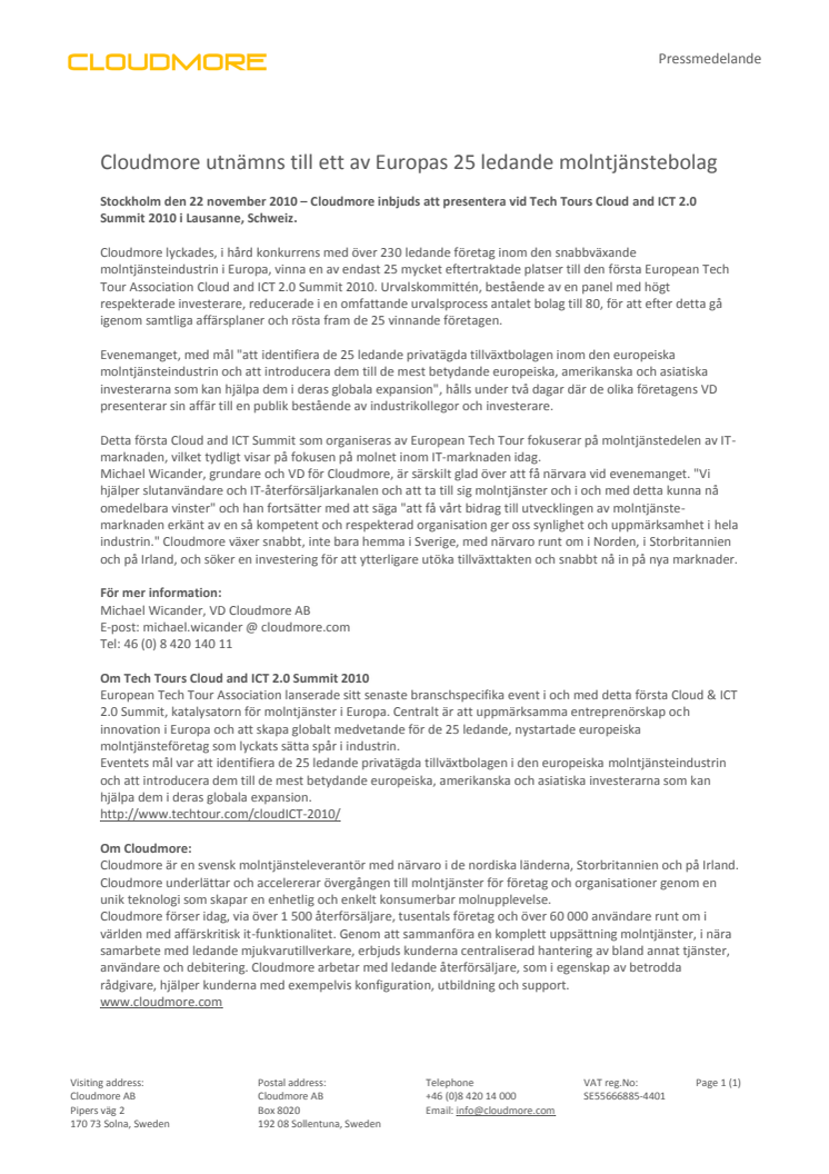 Cloudmore utnämns till ett av Europas 25 ledande molntjänstebolag