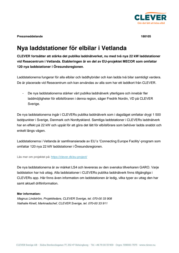 Nya laddstationer för elbilar i Vetlanda  