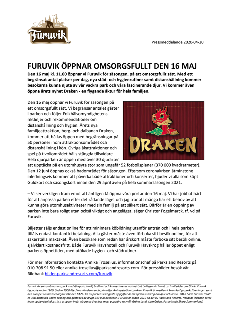 Furuvik öppnar omsorgsfullt den 16 maj