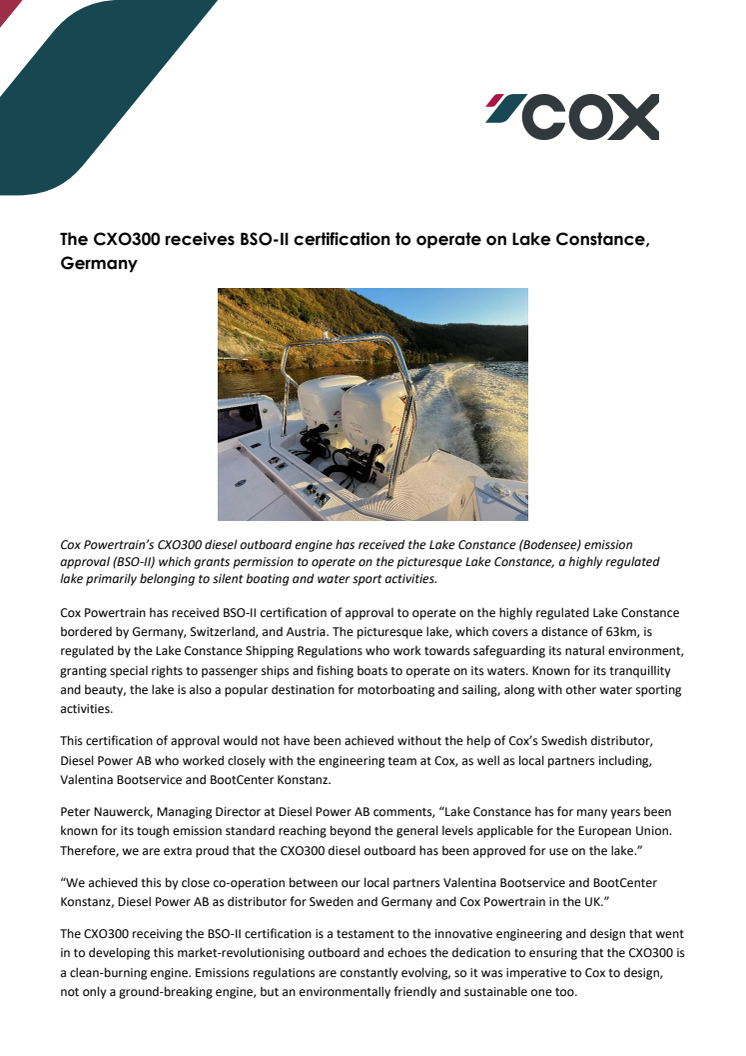 The CXO300 receives BSO-II certification to operate on Lake Constance, Germany