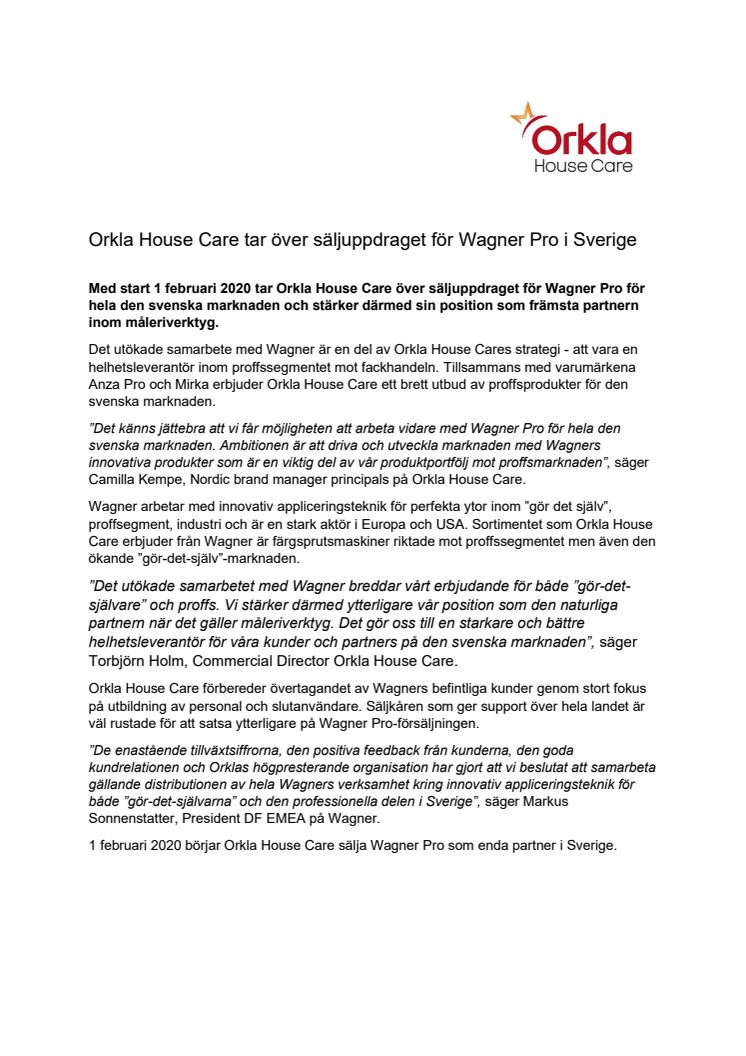 Orkla House Care tar över säljuppdraget för Wagner Pro i Sverige