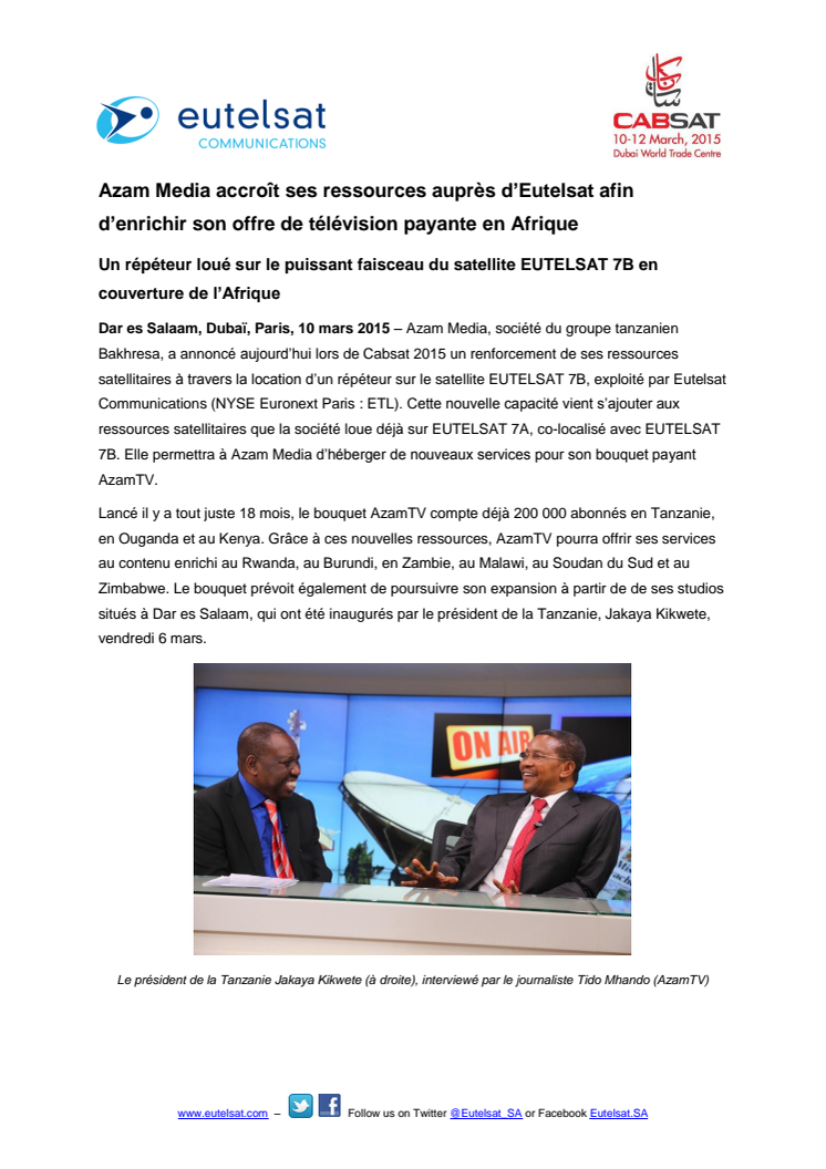 Azam Media accroît ses ressources auprès d’Eutelsat afin d’enrichir son offre de télévision payante en Afrique