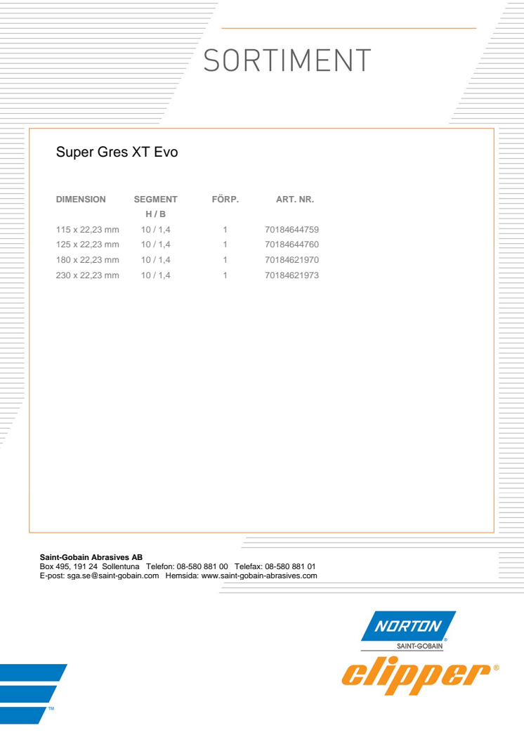 Clipper Super Gres XT Evo - Sortiment