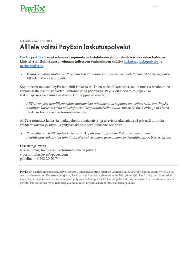 AllTele valitsi PayExin laskutuspalvelut