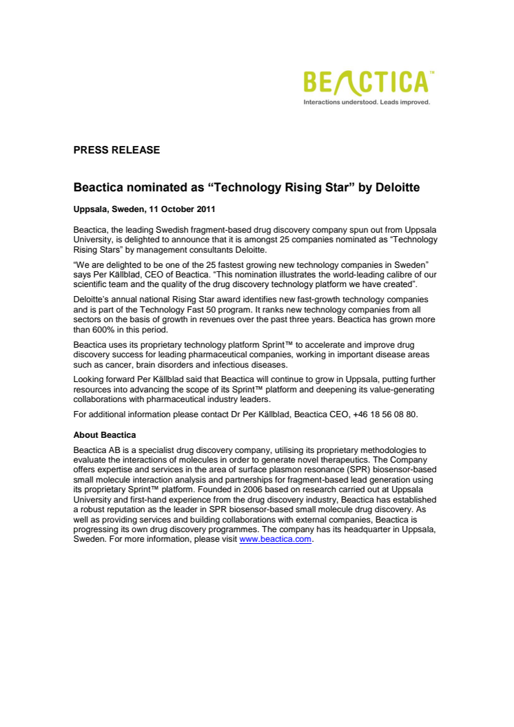 Beactica nominated as “Technology Rising Star” by Deloitte