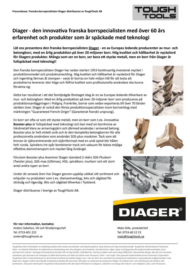 Pressrelease: Den innovativa franska borrspecialisten Diager distribueras i Sverige av ToughTools AB (pdf)