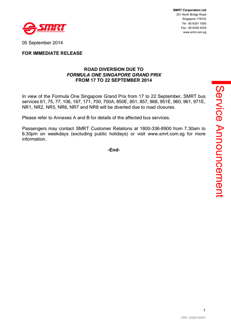 Road Diversion due to Formula One Singapore Grand Prix from 17 to 22 September 2014