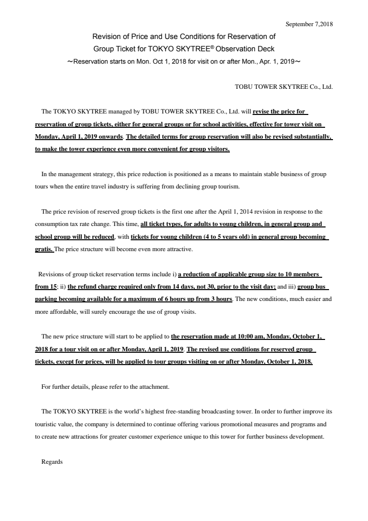 Revision of Price and Use Conditions for Reservation of  Group Ticket for TOKYO SKYTREE® Observation Deck ～Reservation starts on Mon. Oct 1, 2018 for visit on or after Mon., Apr. 1, 2019～