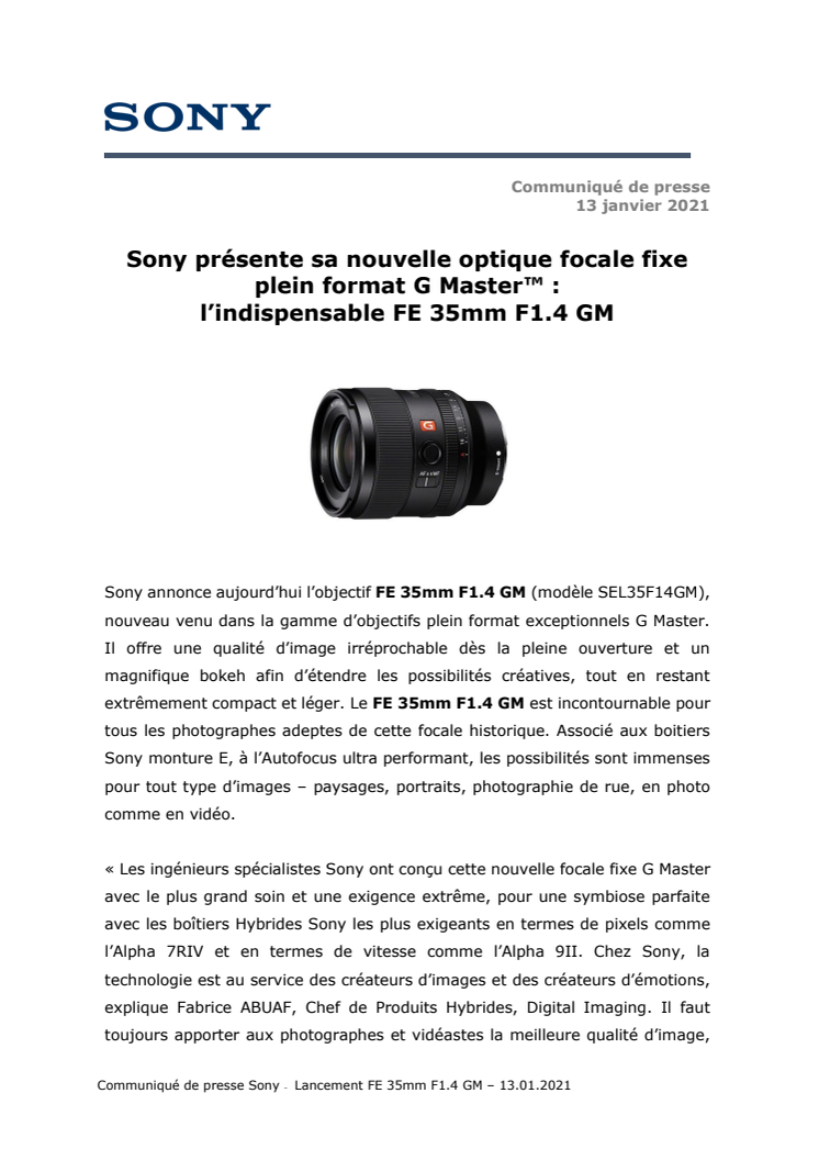 Sony présente sa nouvelle optique focale fixe plein format G Master™ :  l’indispensable FE 35mm F1.4 GM