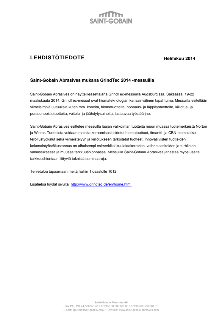 Saint-Gobain Abrasives mukana GrindTec 2014 -messuilla