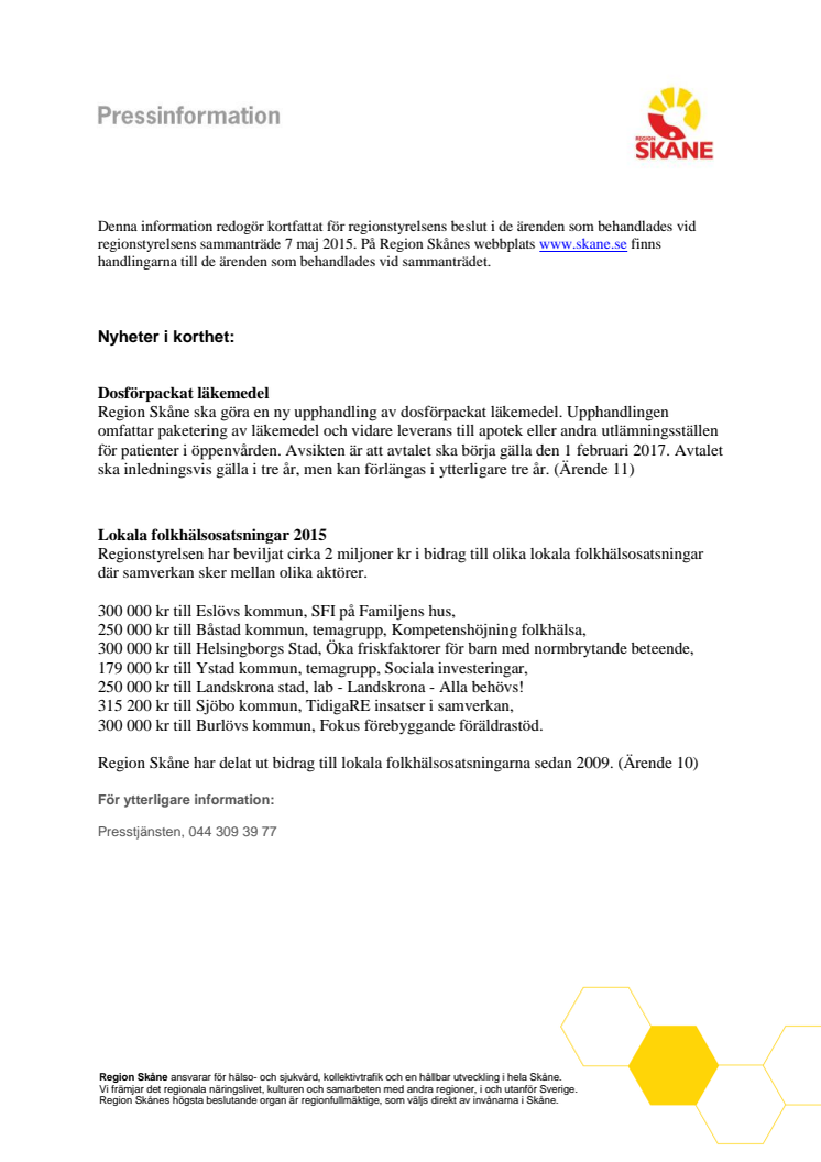 Pressinformation från regionstyrelsens möte 7 maj 2015