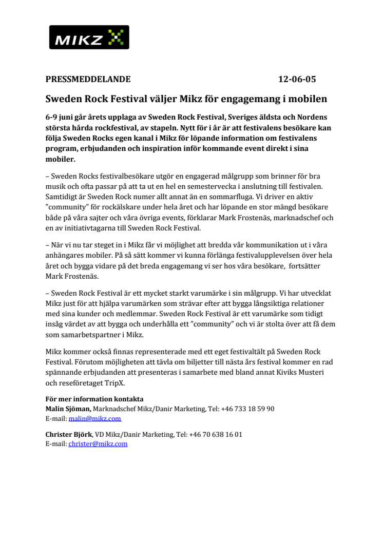 Sweden Rock Festival väljer Mikz för engagemang i mobilen