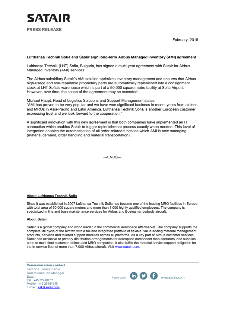 Lufthansa Technik Sofia and Satair sign long-term Airbus Managed Inventory (AMI) agreement