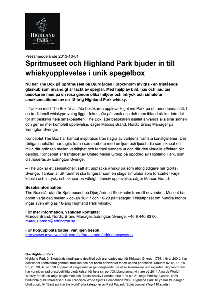 Spritmuseet och Highland Park bjuder in till whiskyupplevelse i unik spegelbox