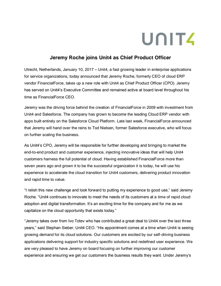 Unit4 utser Jeremy Roche till ny produktchef