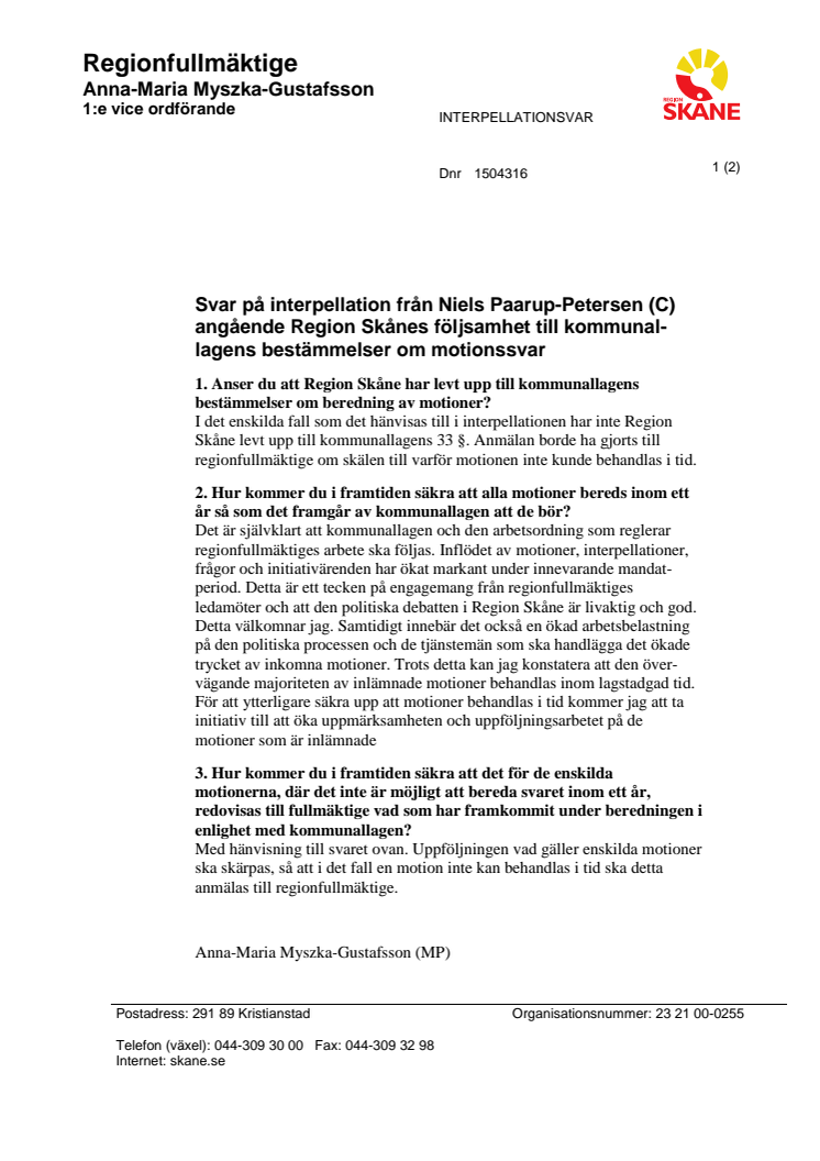 Interpellationssvar - Kommunallagens regler om motioner