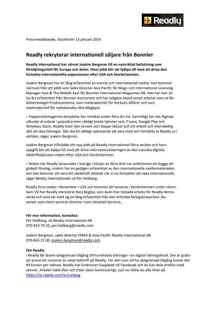 Readly rekryterar internationell säljare från Bonnier