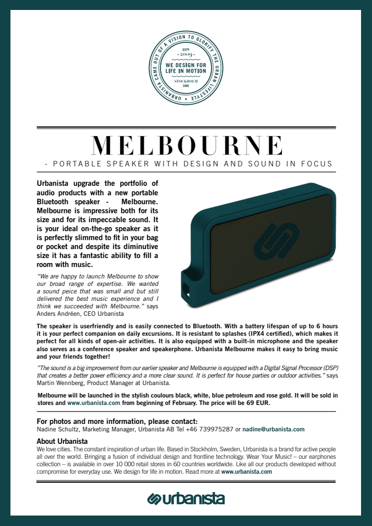 ​Urbanista Melbourne - portable speaker with design and sound in focus