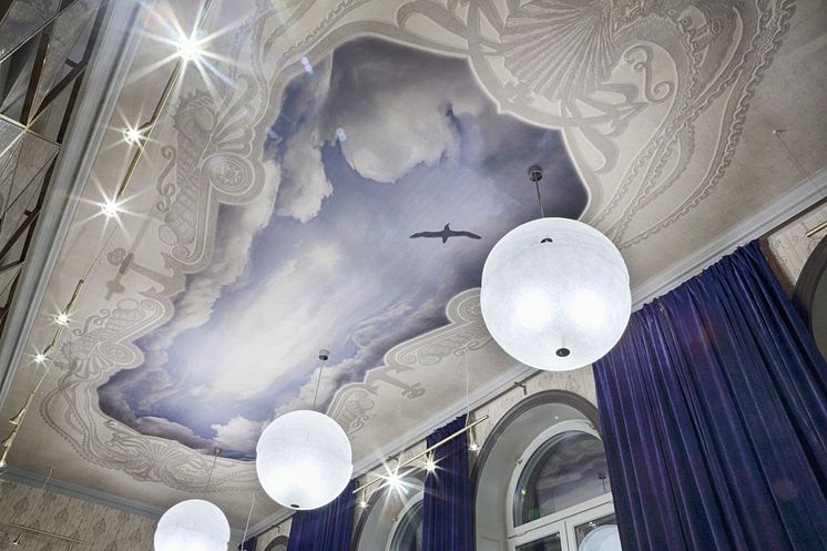 Trompe-l'oeuil ceiling in "Freedom" master suite at Stora Hotellet Umeå by Stylt Trampoli, winner of Best Newcomer at the 2014 World Boutique Hotel Awards