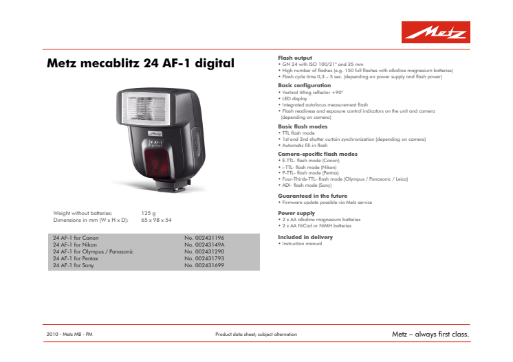 Specifikationer Metz 24 AF-1 (eng)