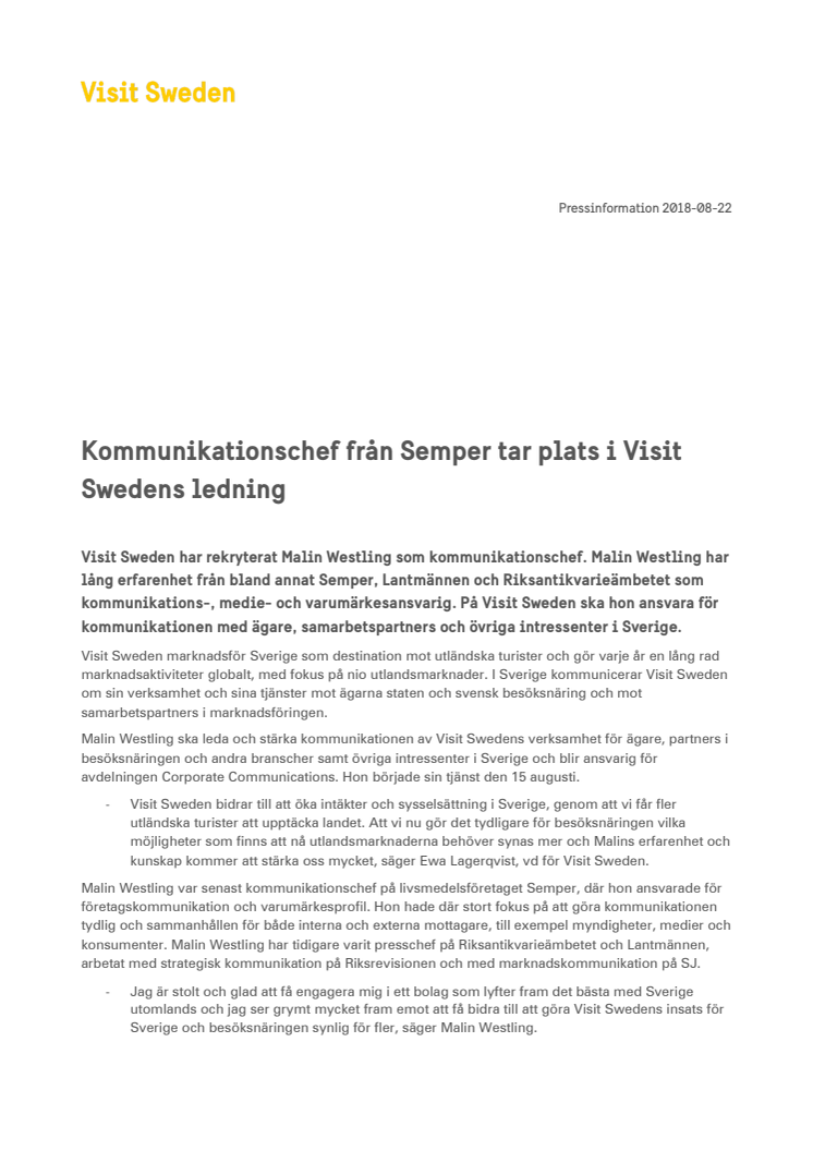 Kommunikationschef från Semper tar plats i Visit Swedens ledning