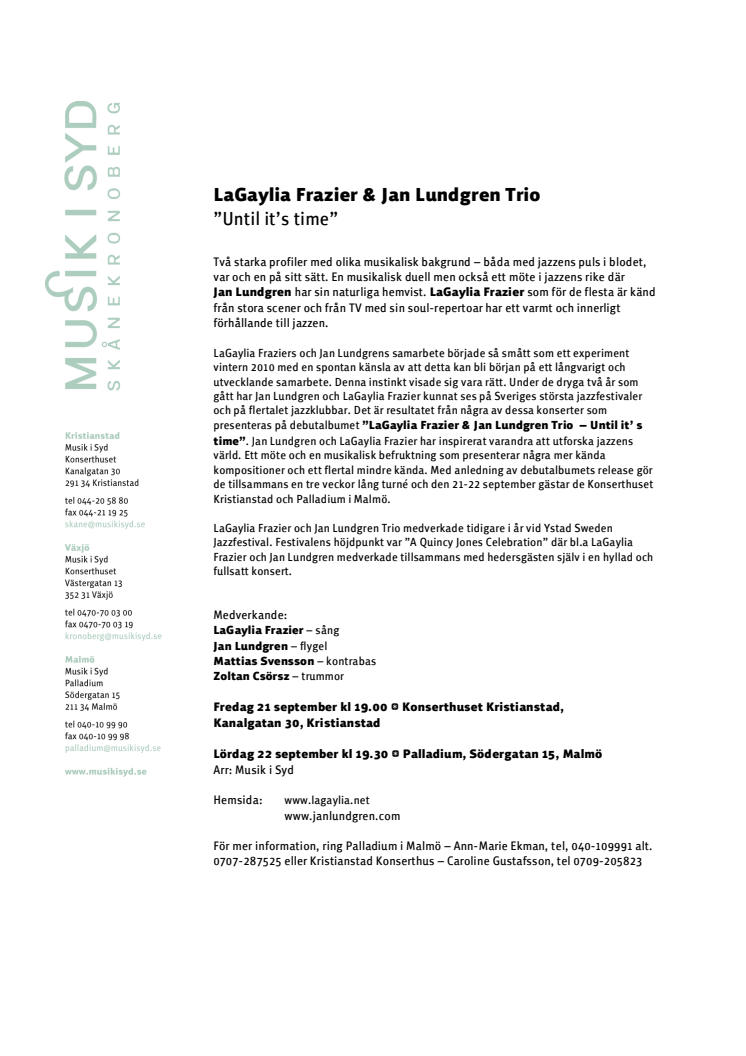 LaGaylia Frazier & Jan Lundgren Trio – Until it's time