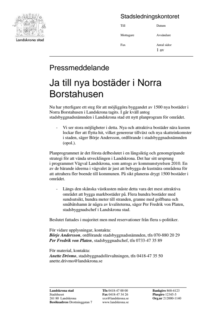 Ja till nya bostäder i Norra Borstahusen i Landskrona