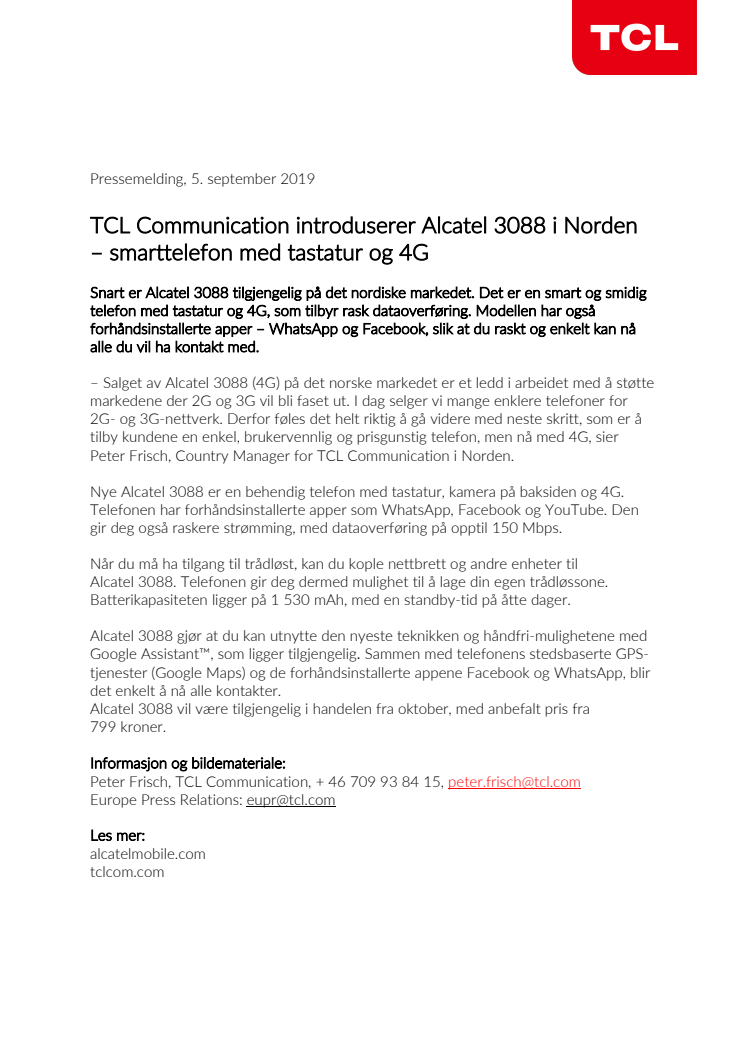 TCL Communication introduserer Alcatel 3088 i Norden – smarttelefon med tastatur og 4G 