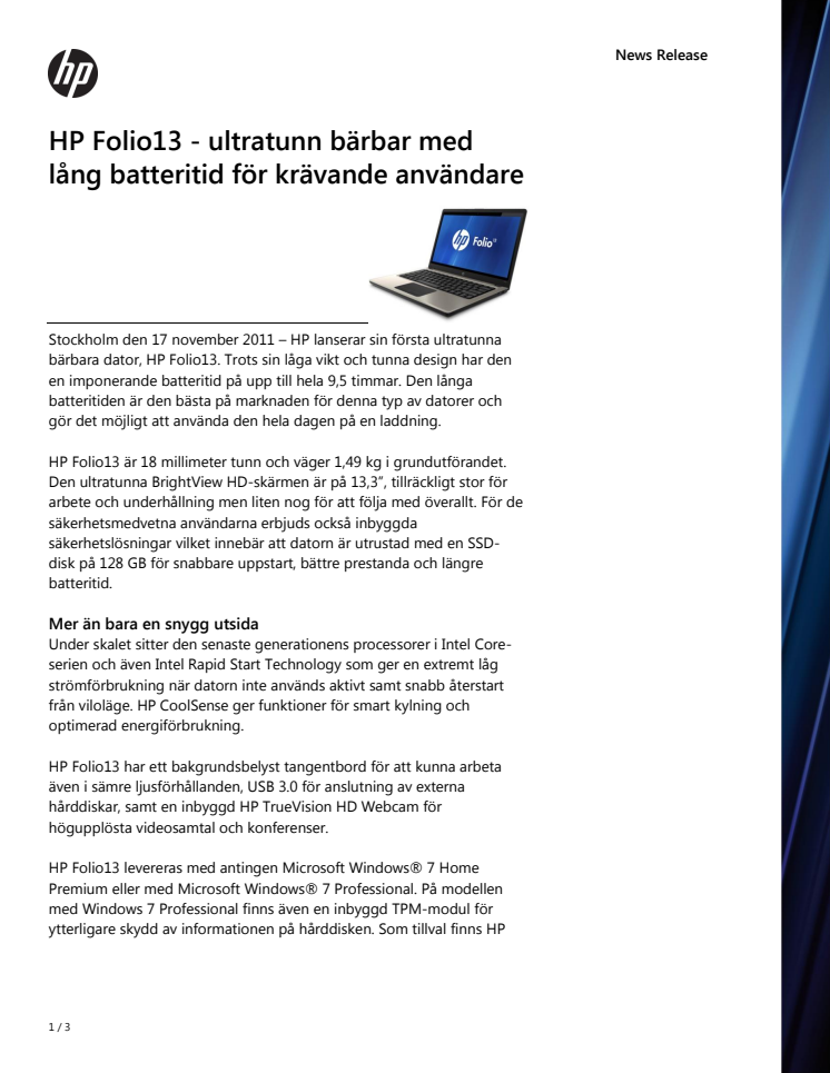 HP Folio13 - ultratunn bärbar med lång batteritid för krävande användare