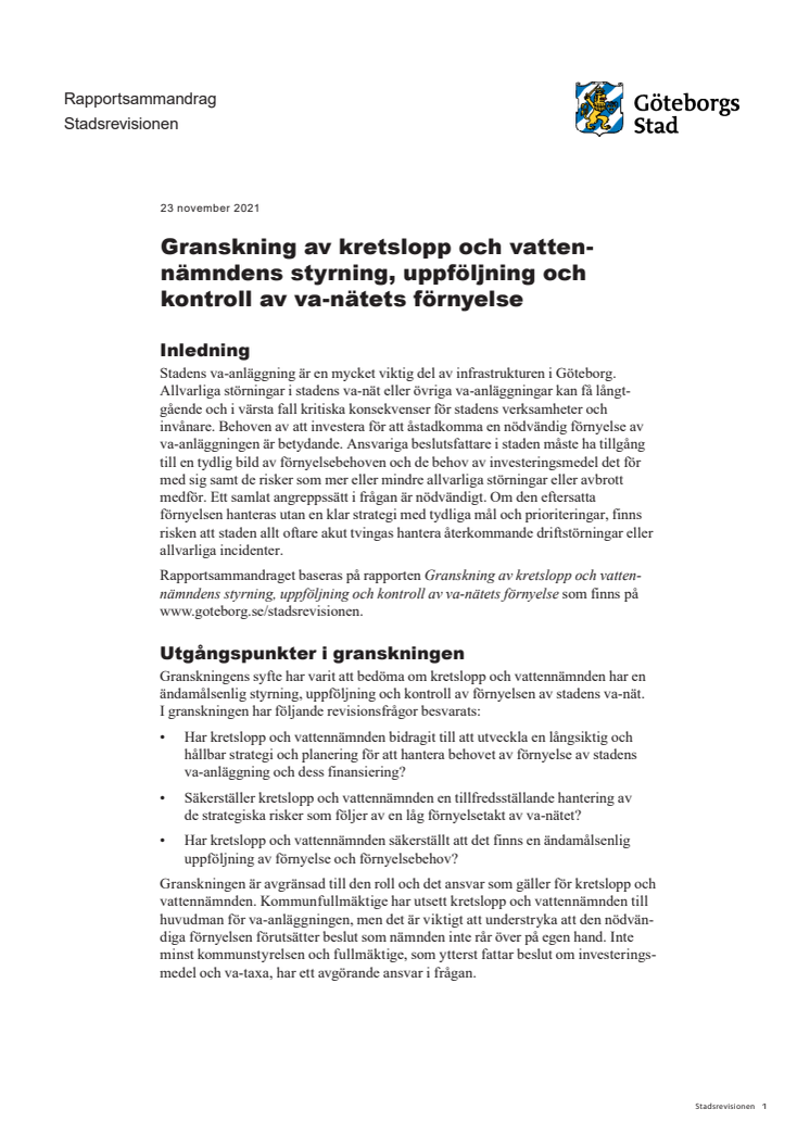 Sammandrag – Granskning av kretslopp och vattennämndens styrning, uppföljning och kontroll av va-nätets förnyelse (2021-11-23).pdf