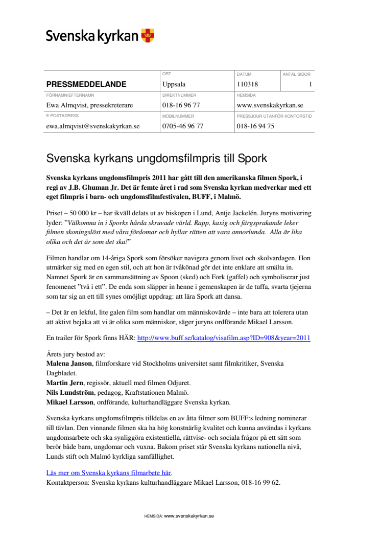 Svenska kyrkans ungdomsfilmpris till Spork