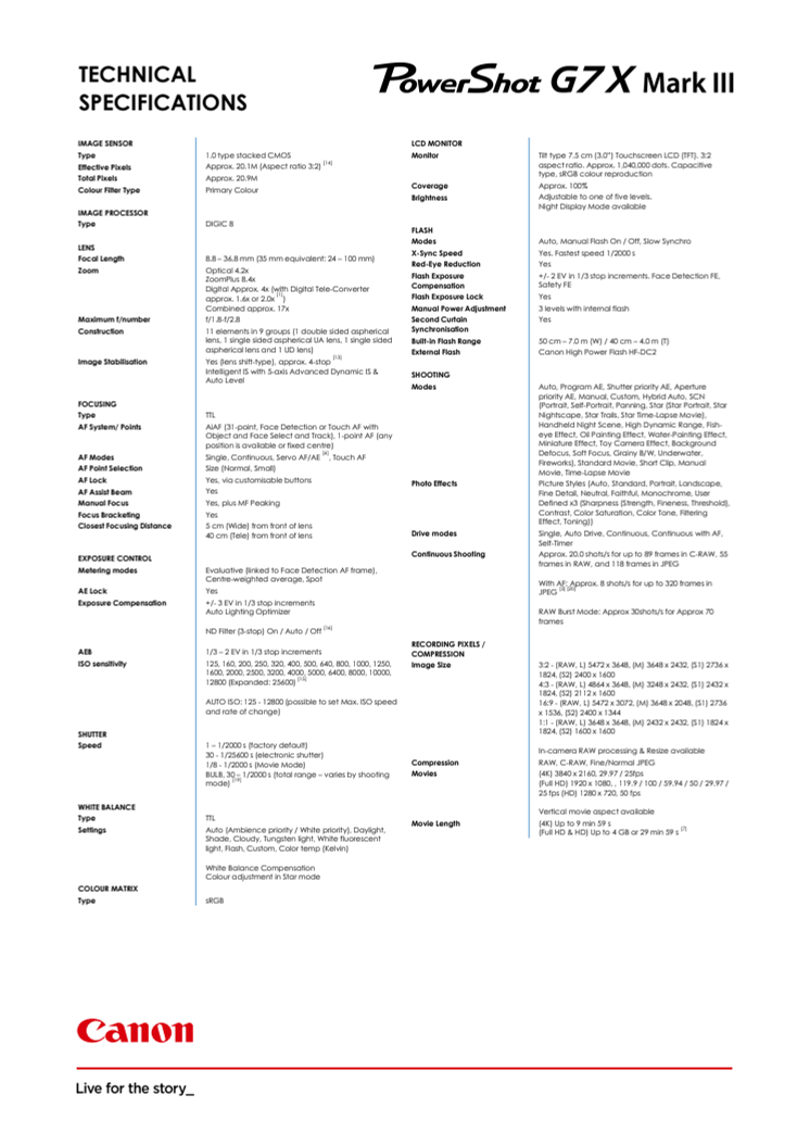 PowerShot G7X Mark III PR Spec Sheet