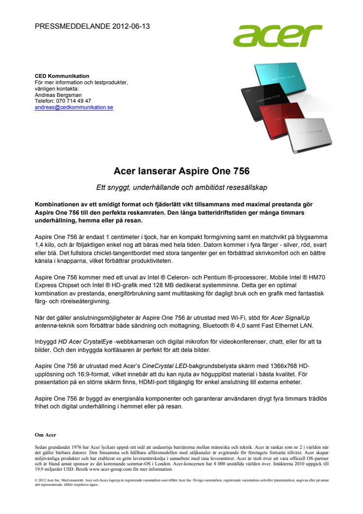 Acer lanserar Aspire One 756
