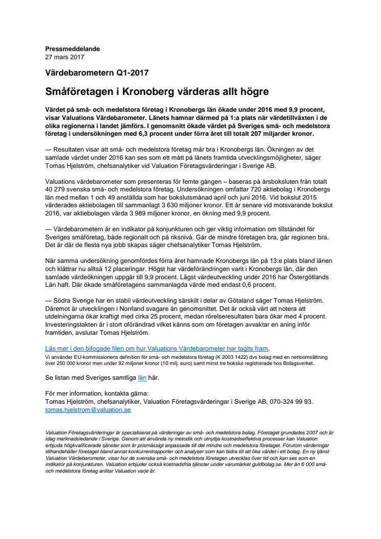 Värdebarometern Q1-2017 Kronobergs Län