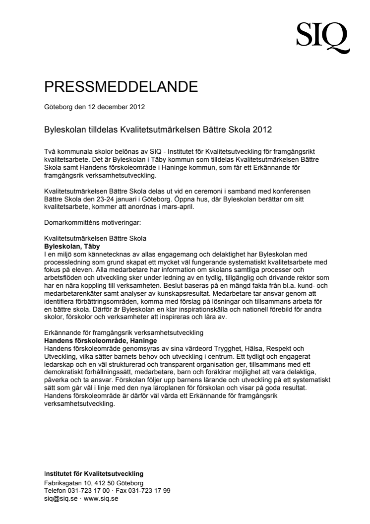 Skolverkets GD ger priset till skolan som är en förebild - Göteborg 23e januari