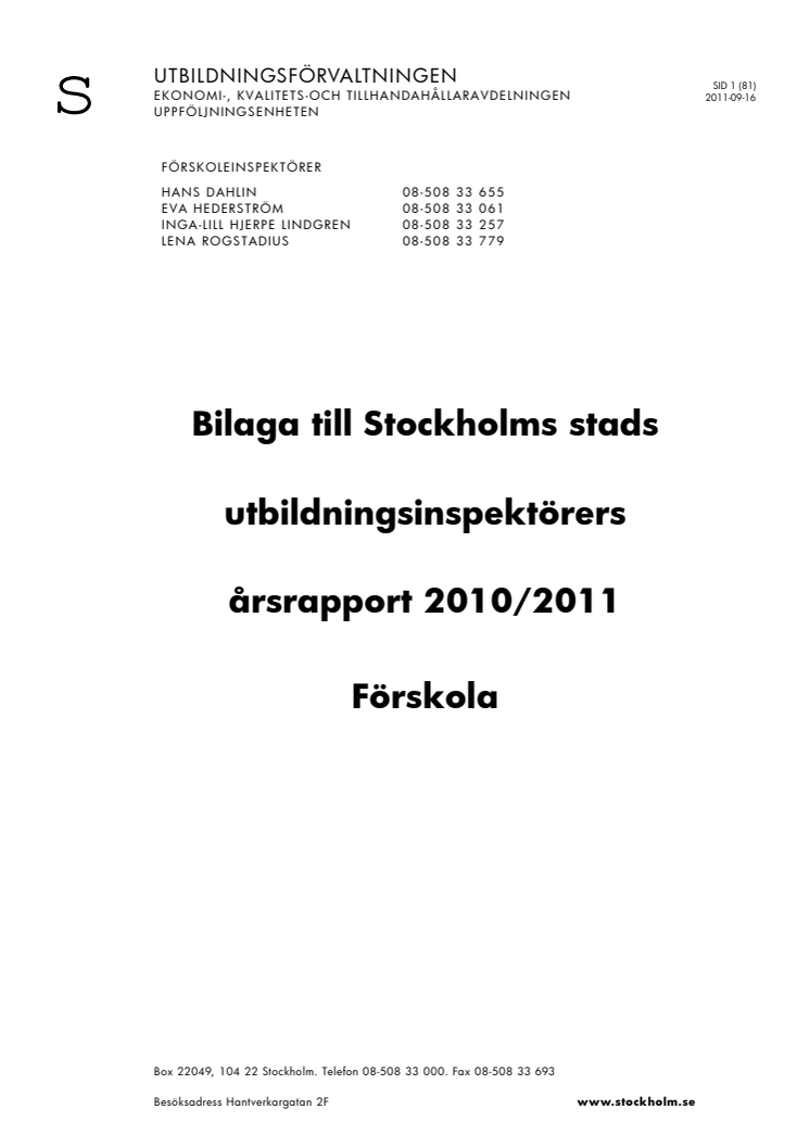 Årsrapport förskolan 2011. Bilaga