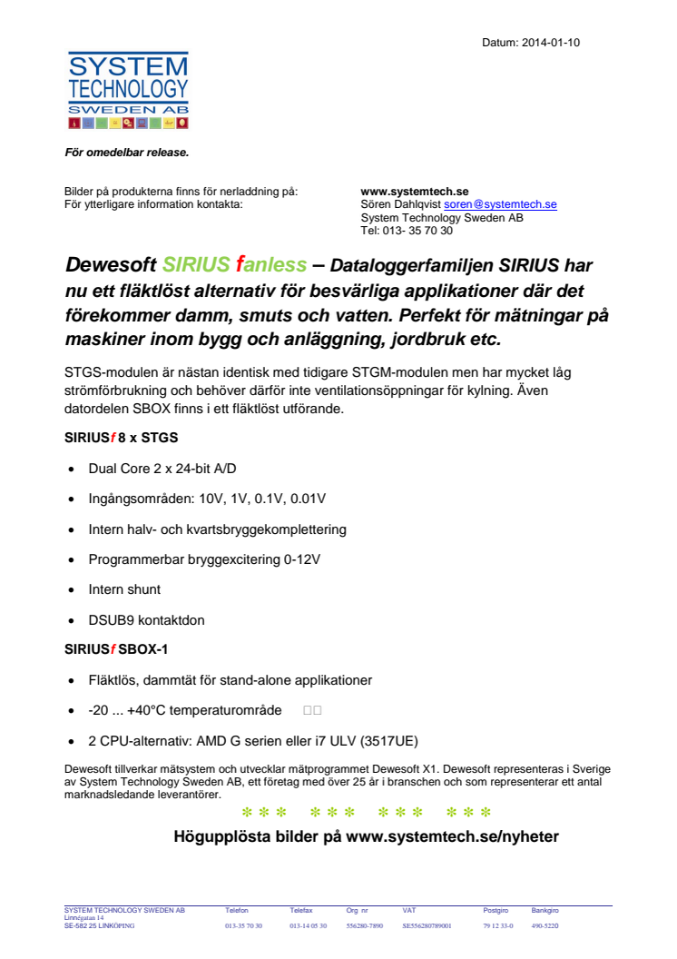 Datalogger för bryggor och spänningar - SIRIUS-fanless