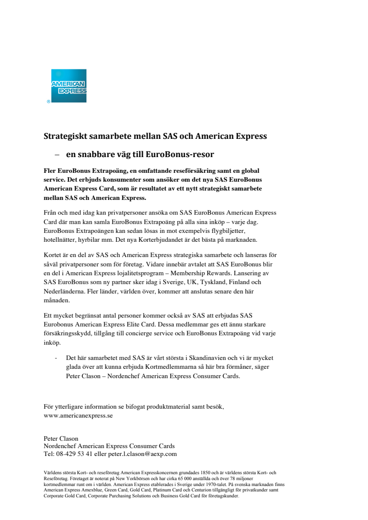 Strategiskt samarbete mellan SAS och American Express – en snabbare väg till EuroBonusresor