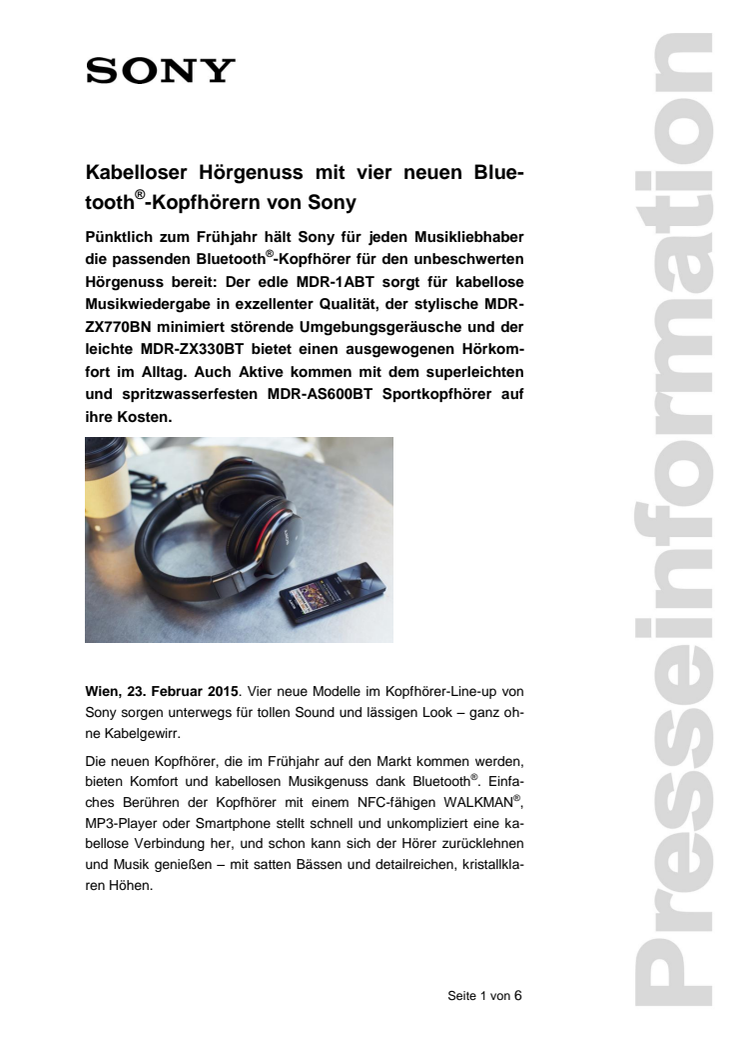 Kabelloser Hörgenuss mit vier neuen Bluetooth®-Kopfhörern von Sony 