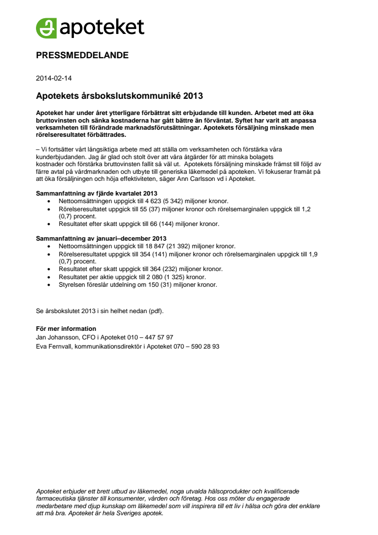 Apotekets årsbokslutskommuniké 2013