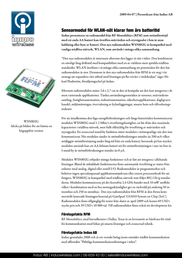 Sensormodul för WLAN-nät klarar fem års batteritid