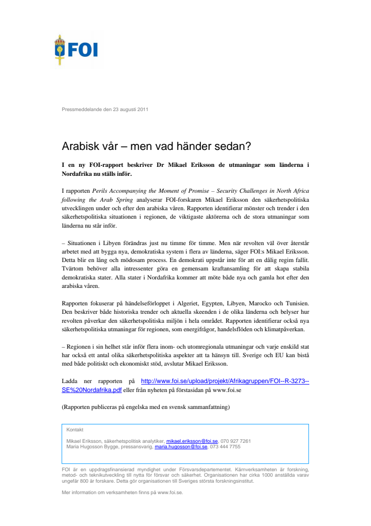 Pressmeddelande: Arabisk vår – men vad händer sedan?