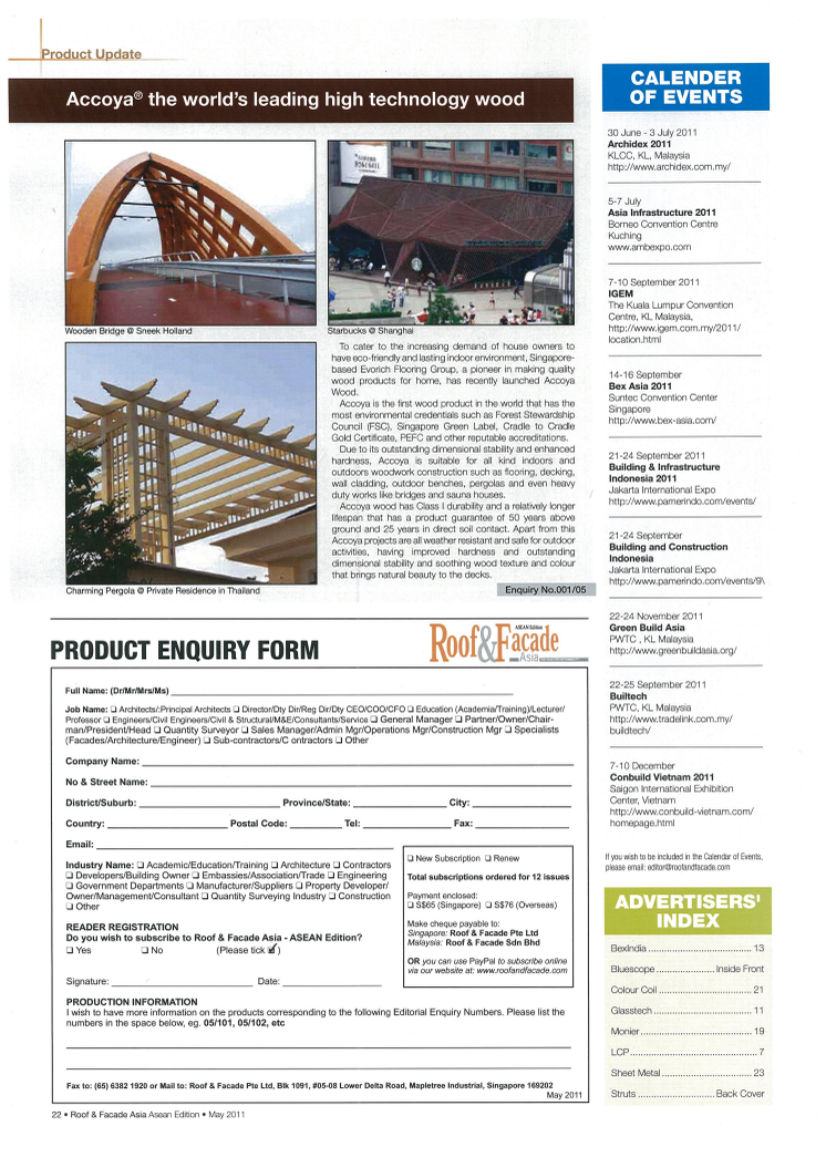 Accoya® Product Write-Up on Roof & Facade Asia Magazine May 2011 issue