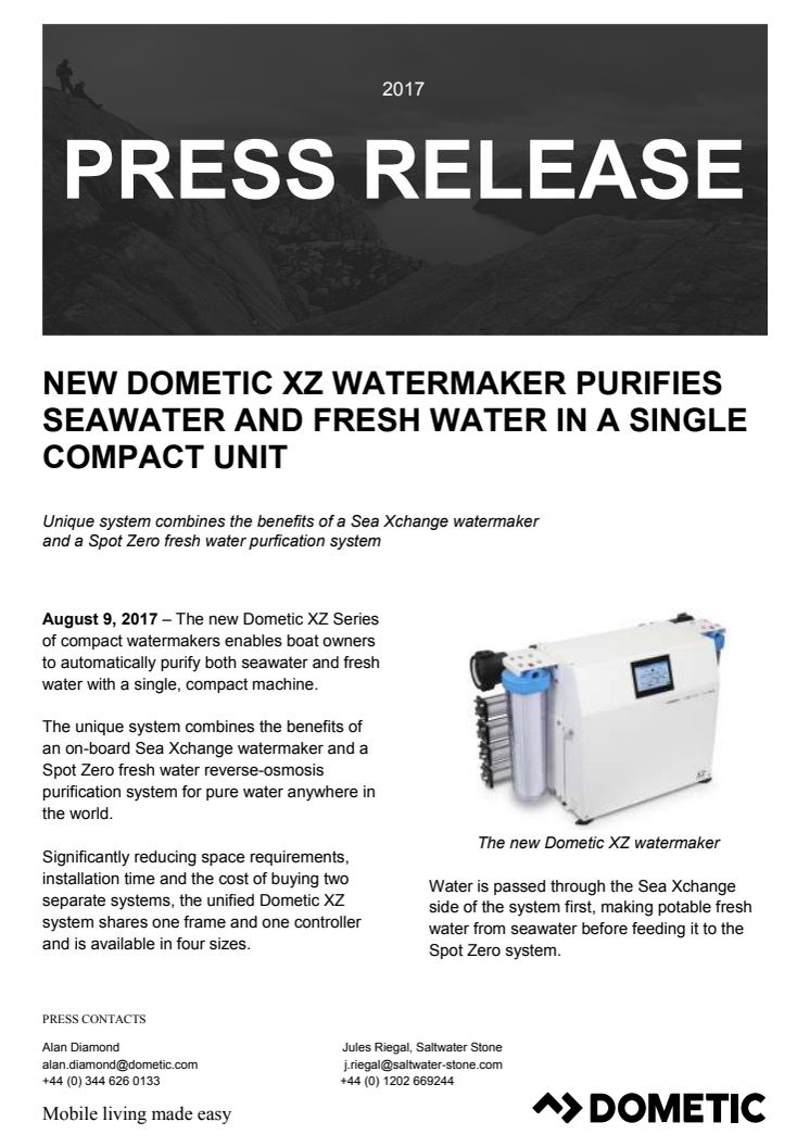 Dometic: New Dometic XZ Watermaker Purifies Seawater and Fresh Water in a Single Compact Unit