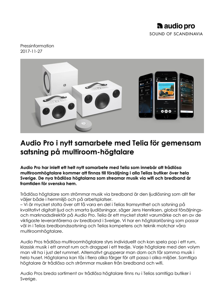 Audio Pro i nytt samarbete med Telia för gemensam satsning på multiroom-högtalare 
