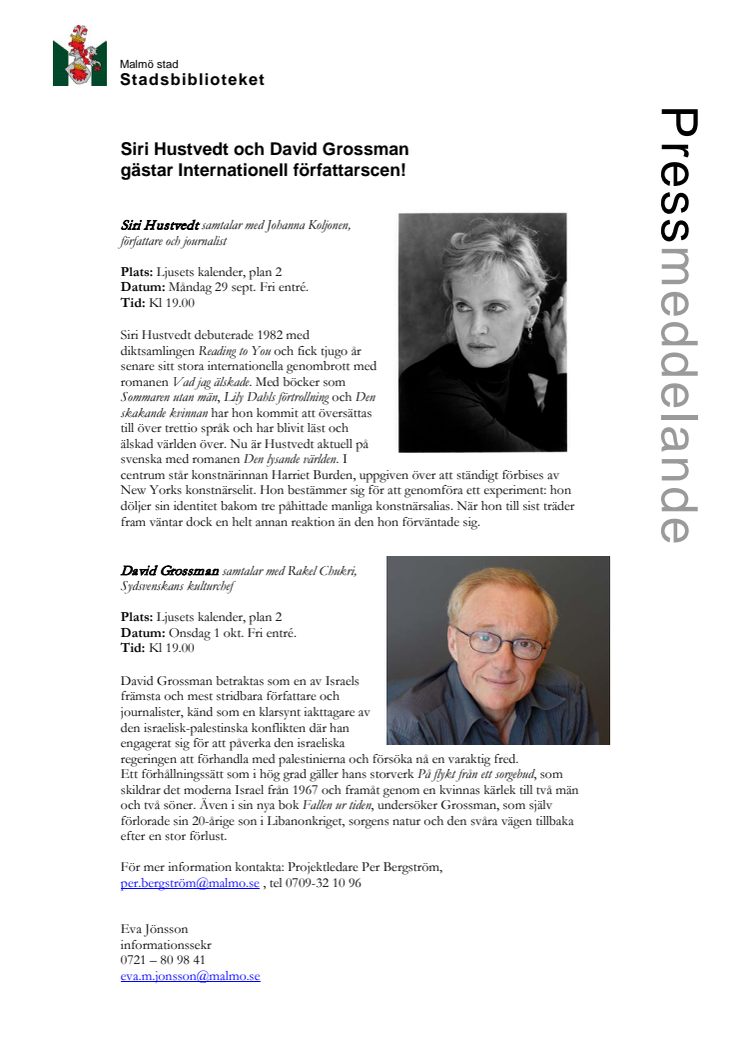 Stadsbiblioteket i Malmö: ​​Siri Hustvedt och David Grossman gästar Internationell författarscen