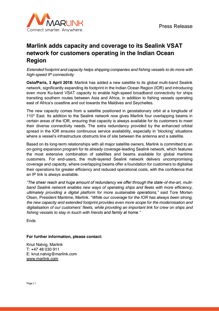 Marlink adds capacity and coverage to its Sealink VSAT network for customers operating in the Indian Ocean Region 