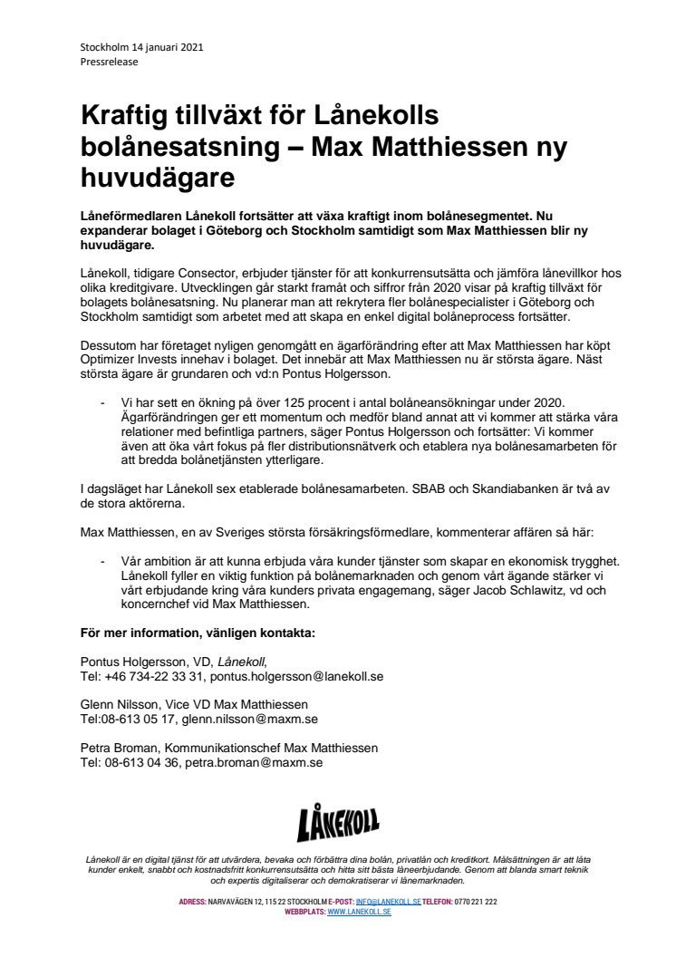 Kraftig tillväxt för Lånekolls bolånesatsning – Max Matthiessen ny huvudägare