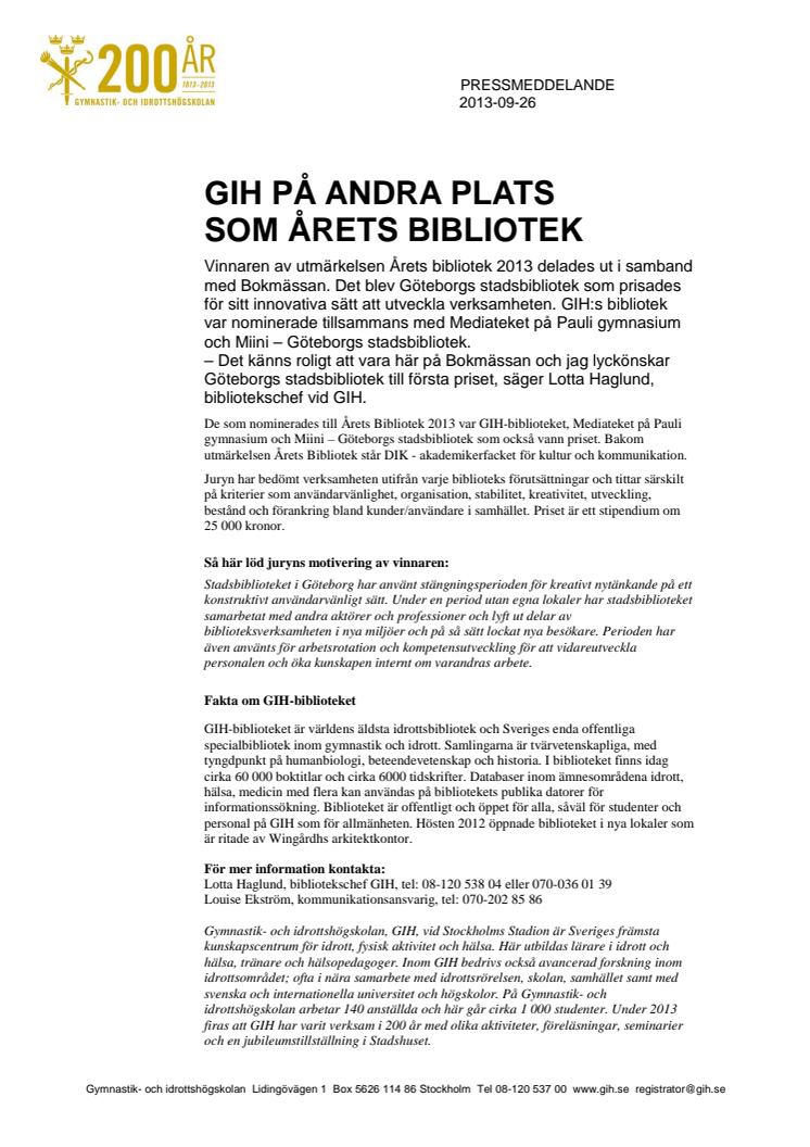 GIH på andra plats som Årets Bibliotek